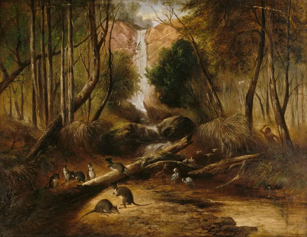 (Bush landscape with waterfall and an aborigine stalking ...