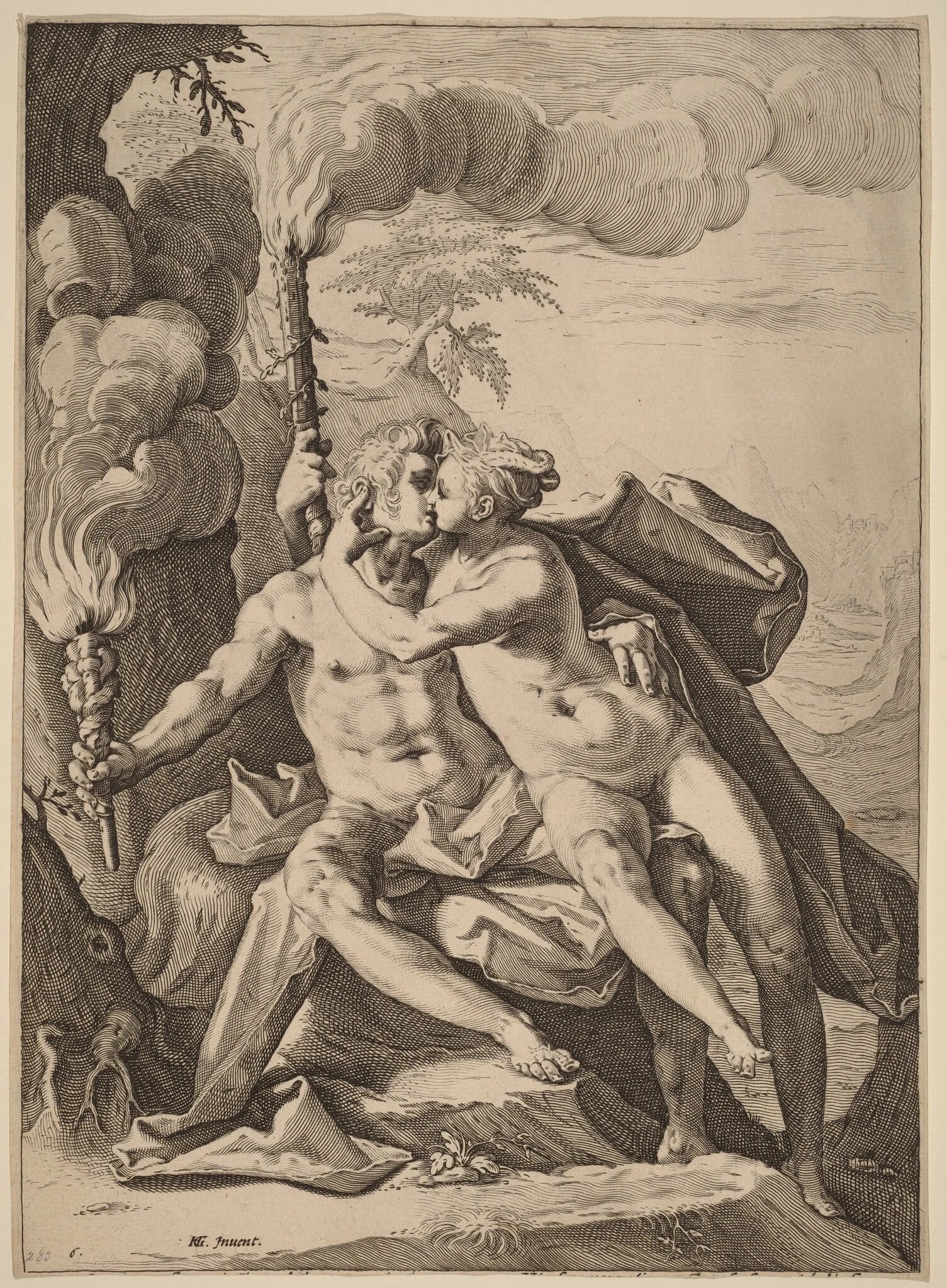 Eros and Anteros, by Jacob Matham, ink, 1588
