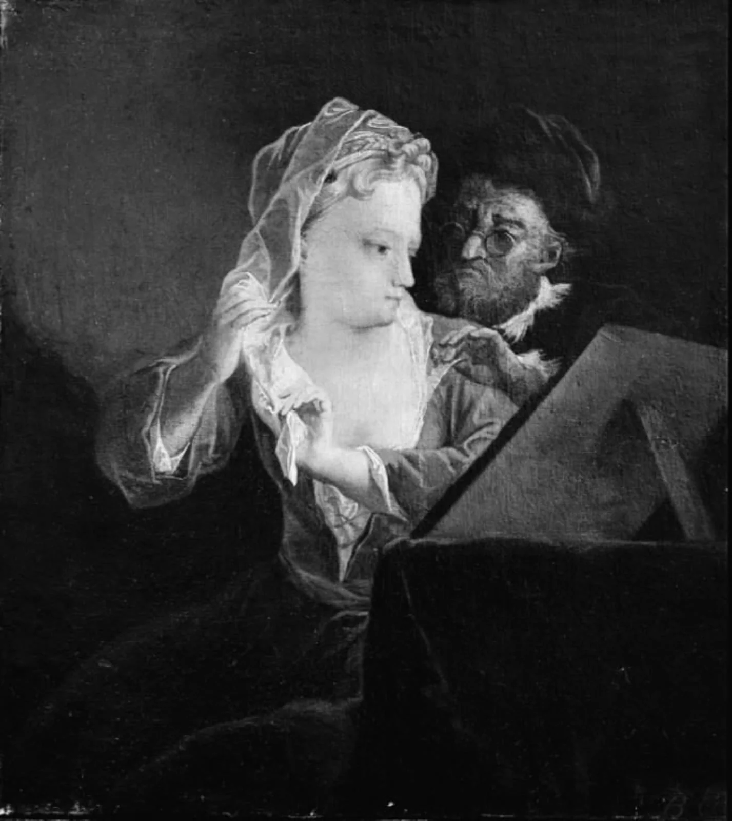 Ung kvinde der spejler sig, mens en gammel mand ser til, by Unknown, 1750