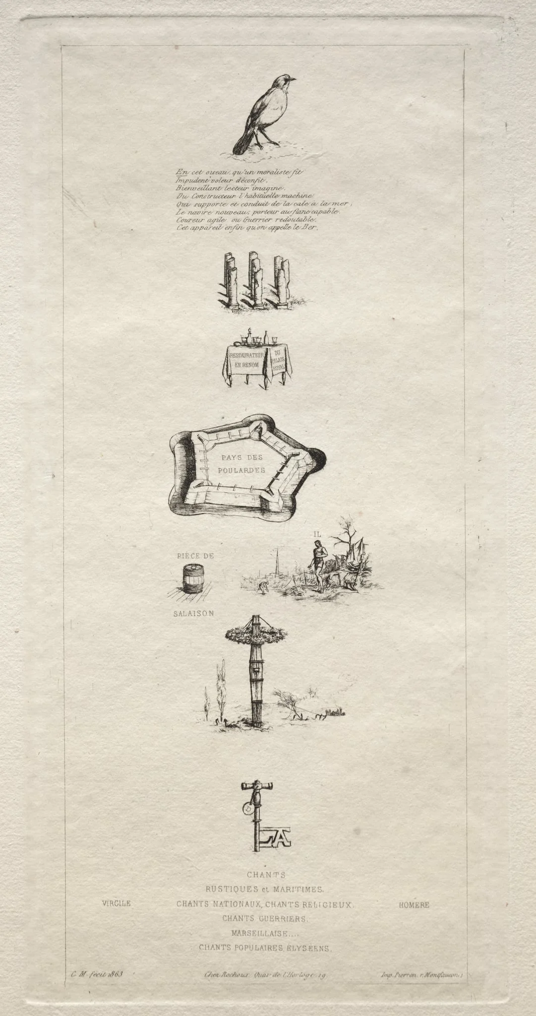 Rebus:  "Beranger was not really strong for he never had the key to the fields", by Charles Meryon, 1863