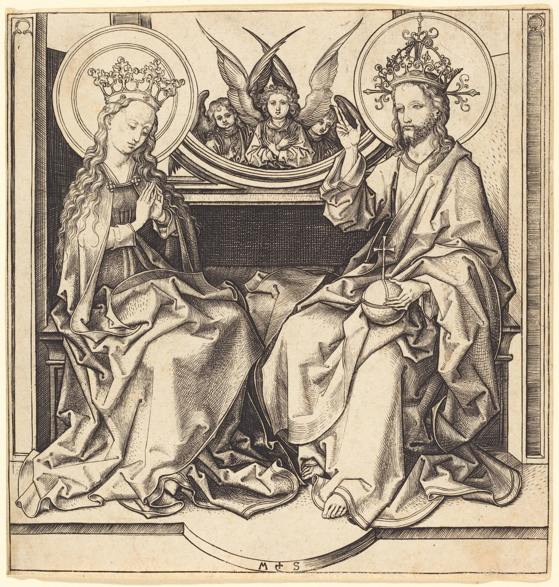 Christ Blessing the Virgin, by Martin Schongauer, ink, 1485