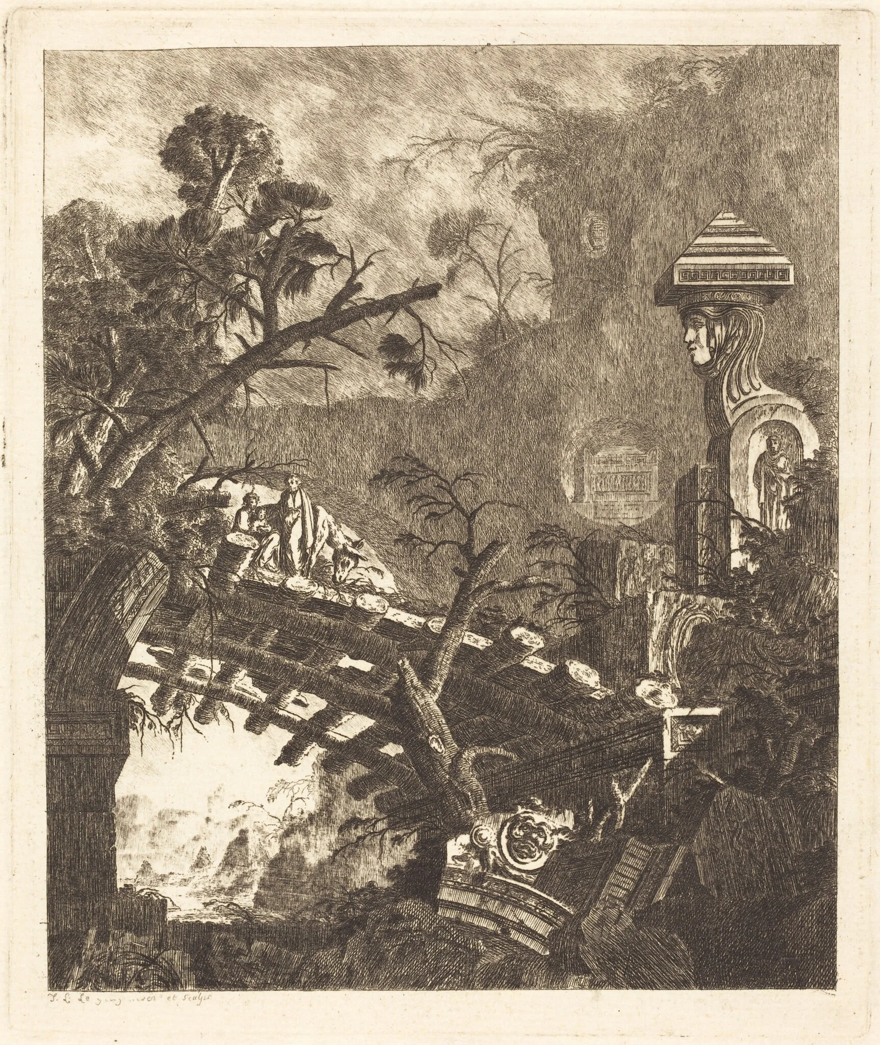 The Flight into Egypt, by Jean-Laurent Legeay, ink, 1768