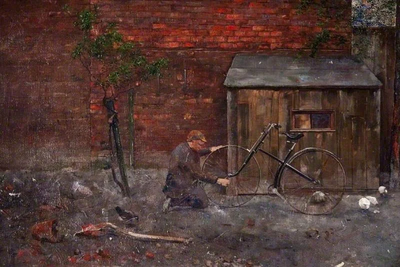Repairing the Bicycle, by John Quinton Pringle, oil, 1895