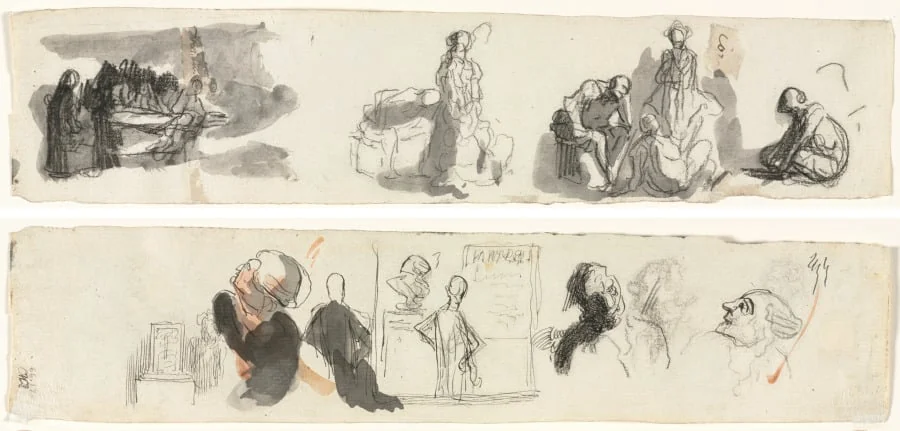 Sheet of Studies with a Group of Four Figures to the Right (recto) Sketches of Various Figures (verso), by Honoré Daumier, 1804