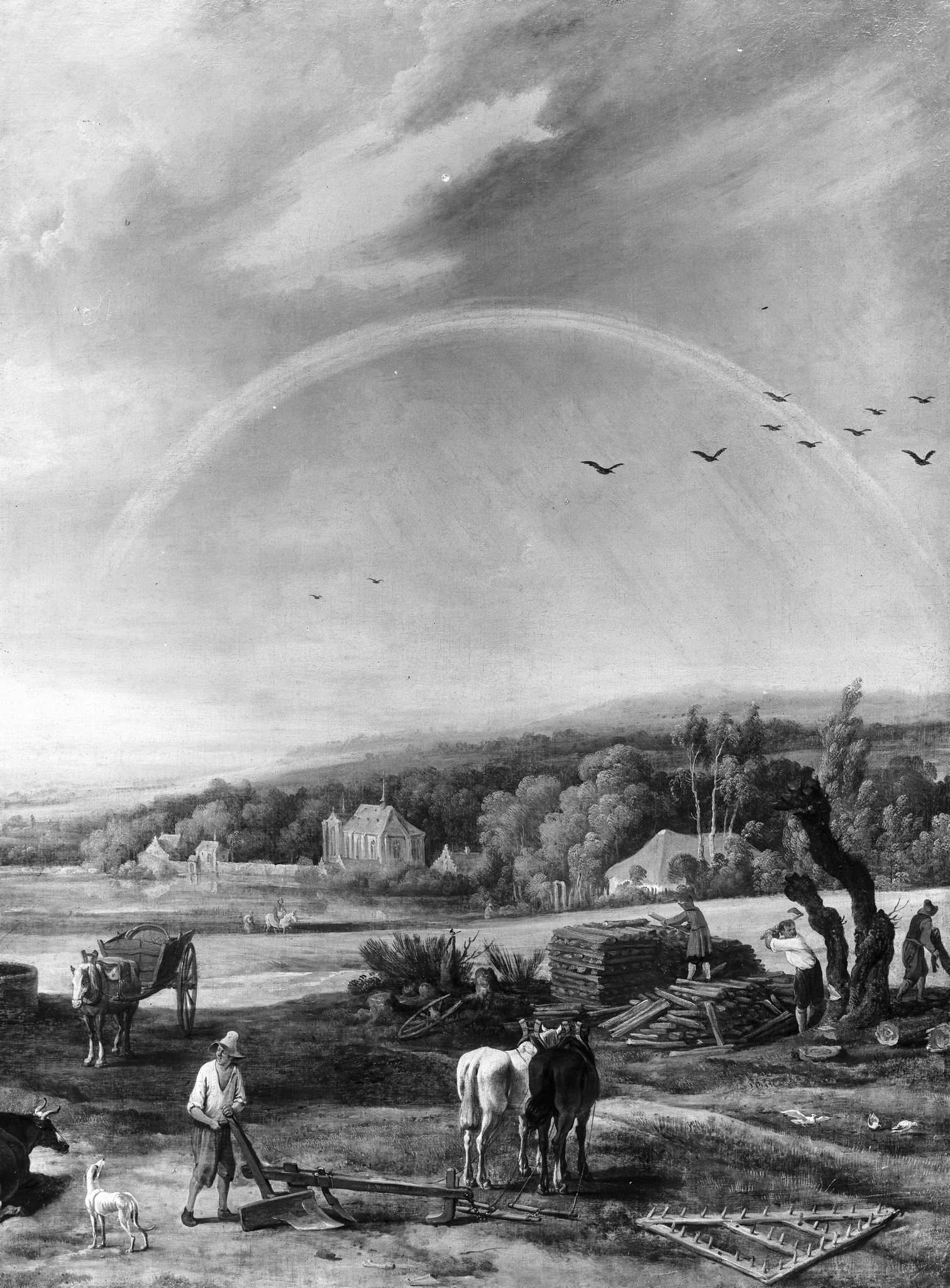 Landscape with a rainbow and lumberjacks