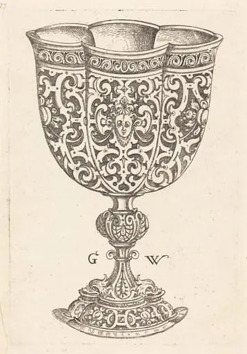 Chalice with six embossings, base decorated with two dolphins