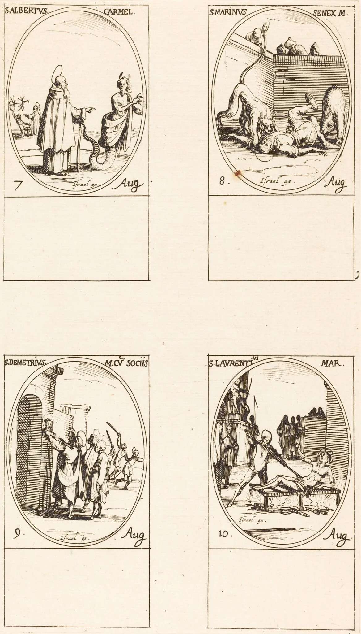 St. Albert of Sicliy, Carmelite; St. Martinus;St. Demetrius and Companions; St. Lawrence, by Jacques Callot, ink, 1634