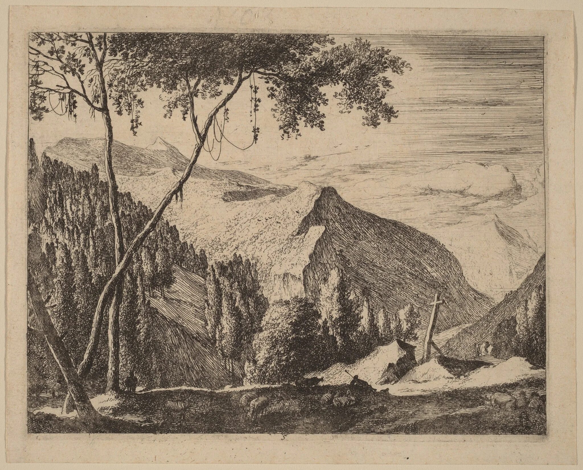 Rocky Landscape with Cross: pl.5, by Melchior Küsel, ink, 1660