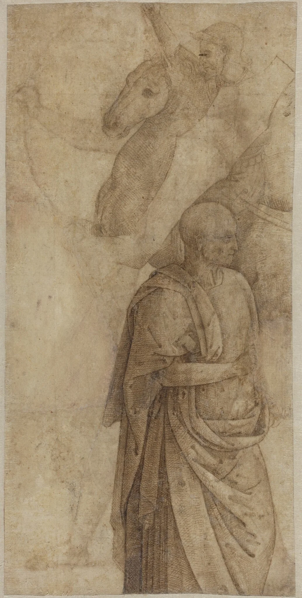 Rider and Standing Draped Man, after the Antique [verso], by Unknown, ink, 1500