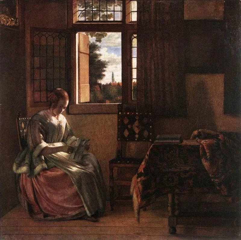 Woman Reading a Letter, by Pieter de Hooch, oil, 1664