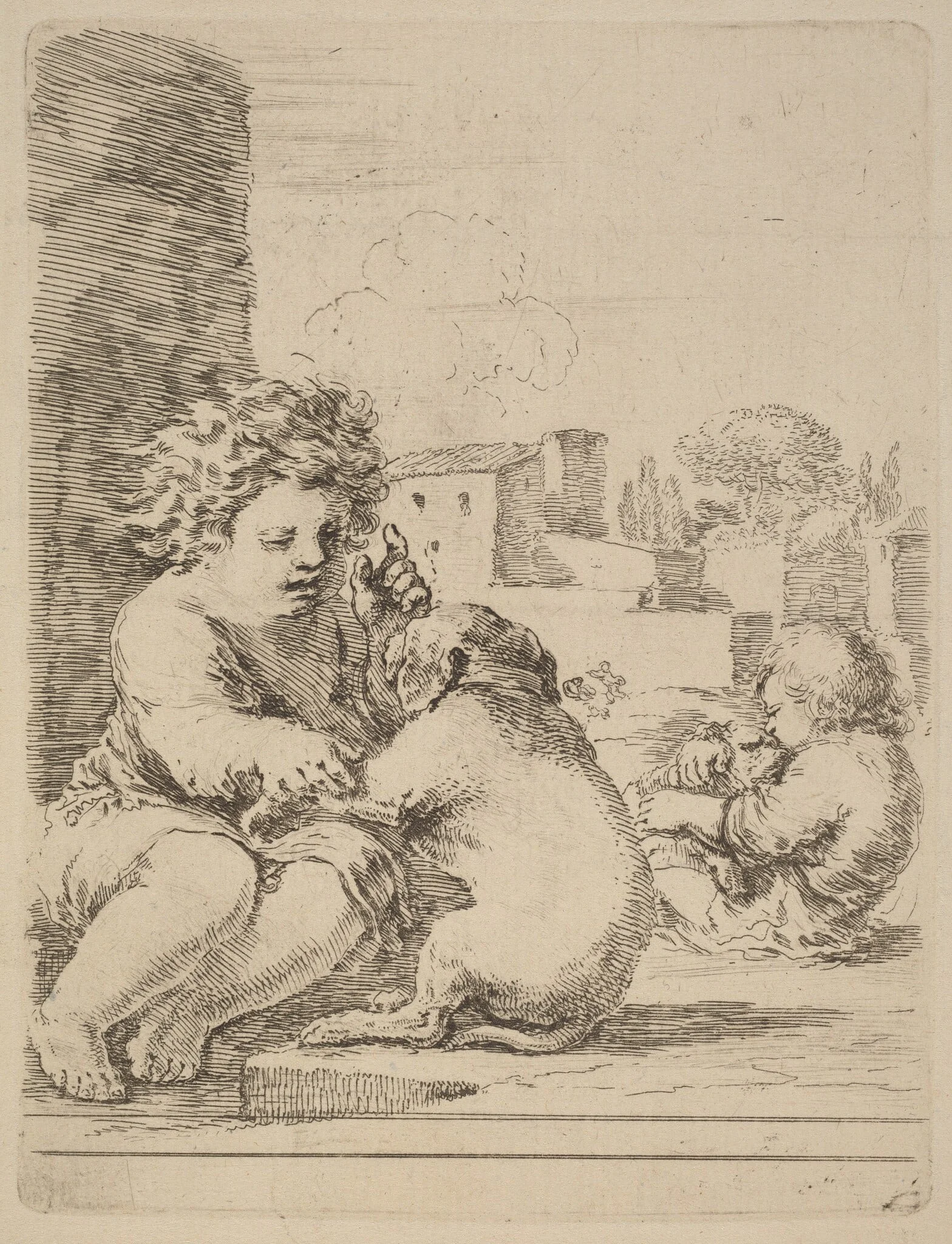 Child Playing with a Dog, by Stefano Della Bella, ink, 1637