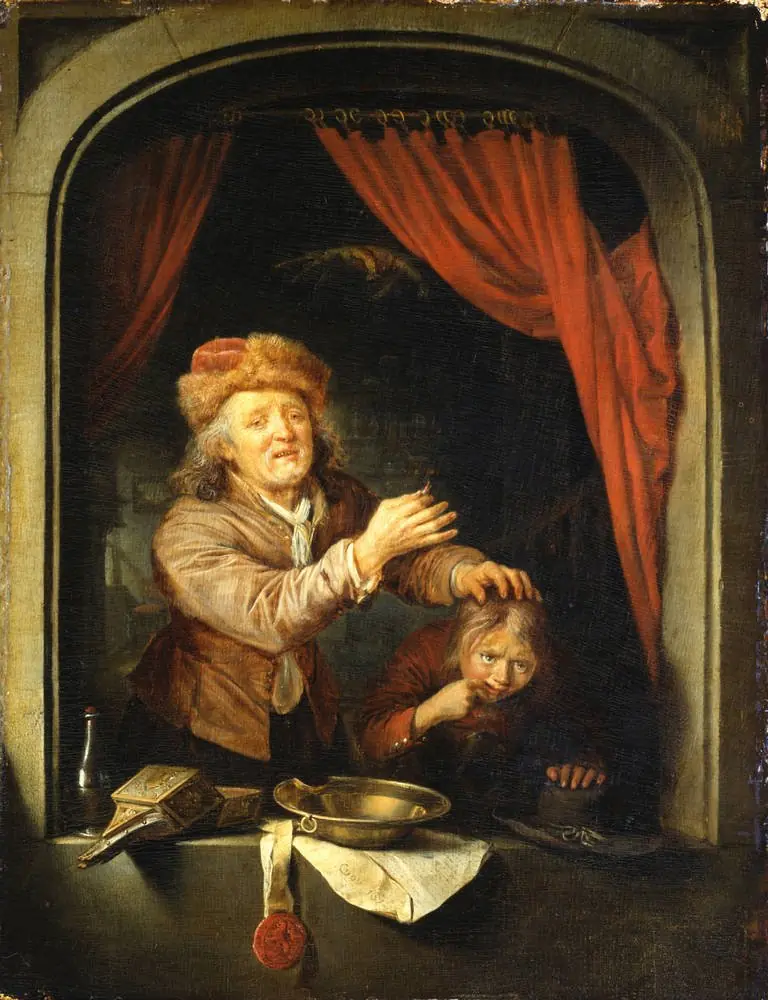 A tooth-drawer holding up a tooth after extracting it from a patient