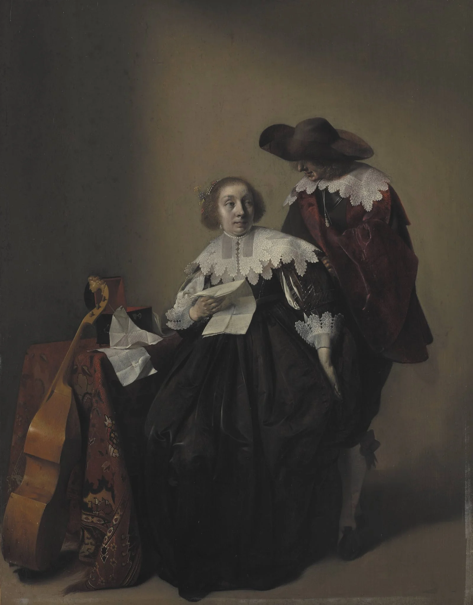 A Seated Woman with a Letter, a Gentleman Standing by Her, by Unknown, 1682