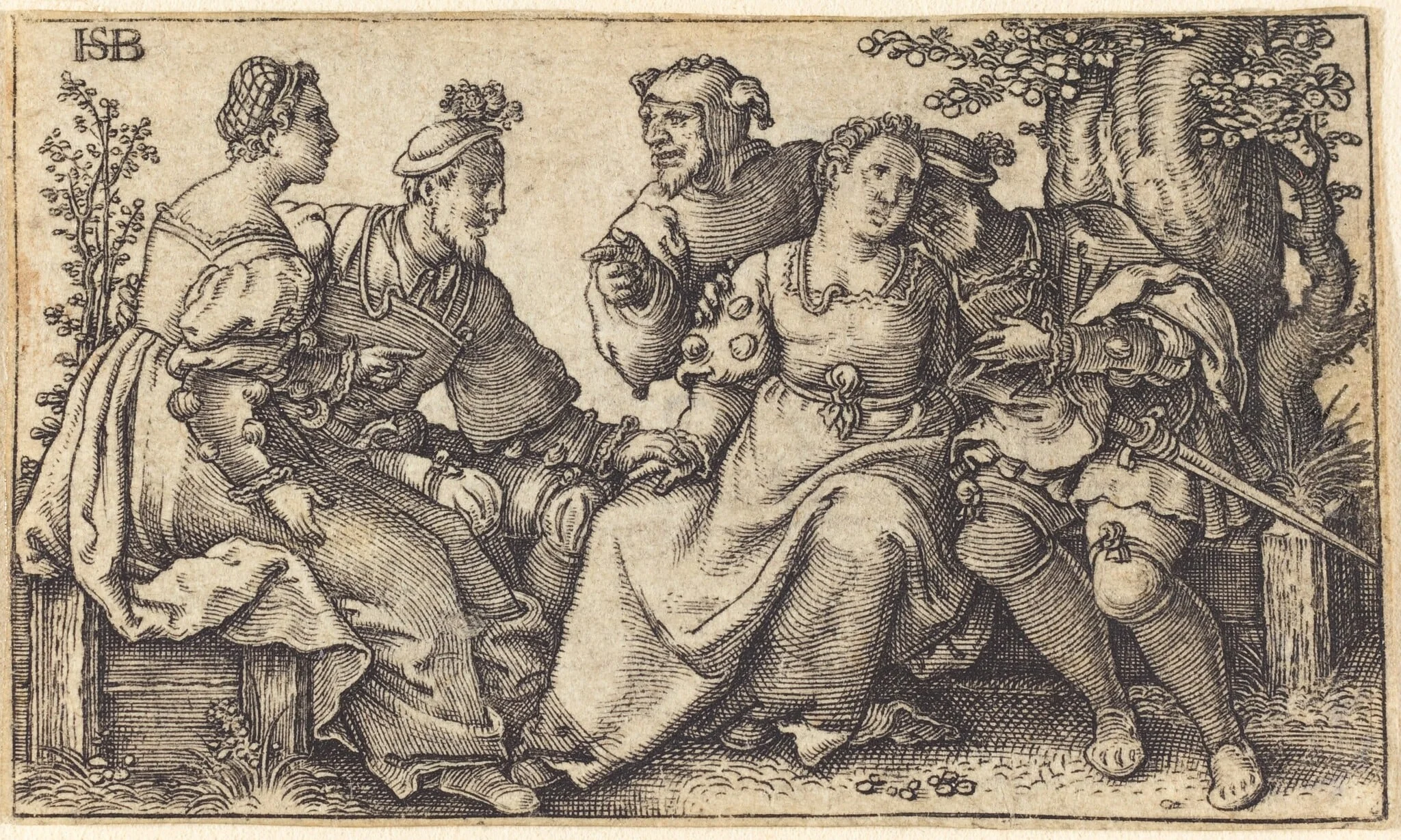 Two Couples and a Fool, by German 16th Century, ink, 1550