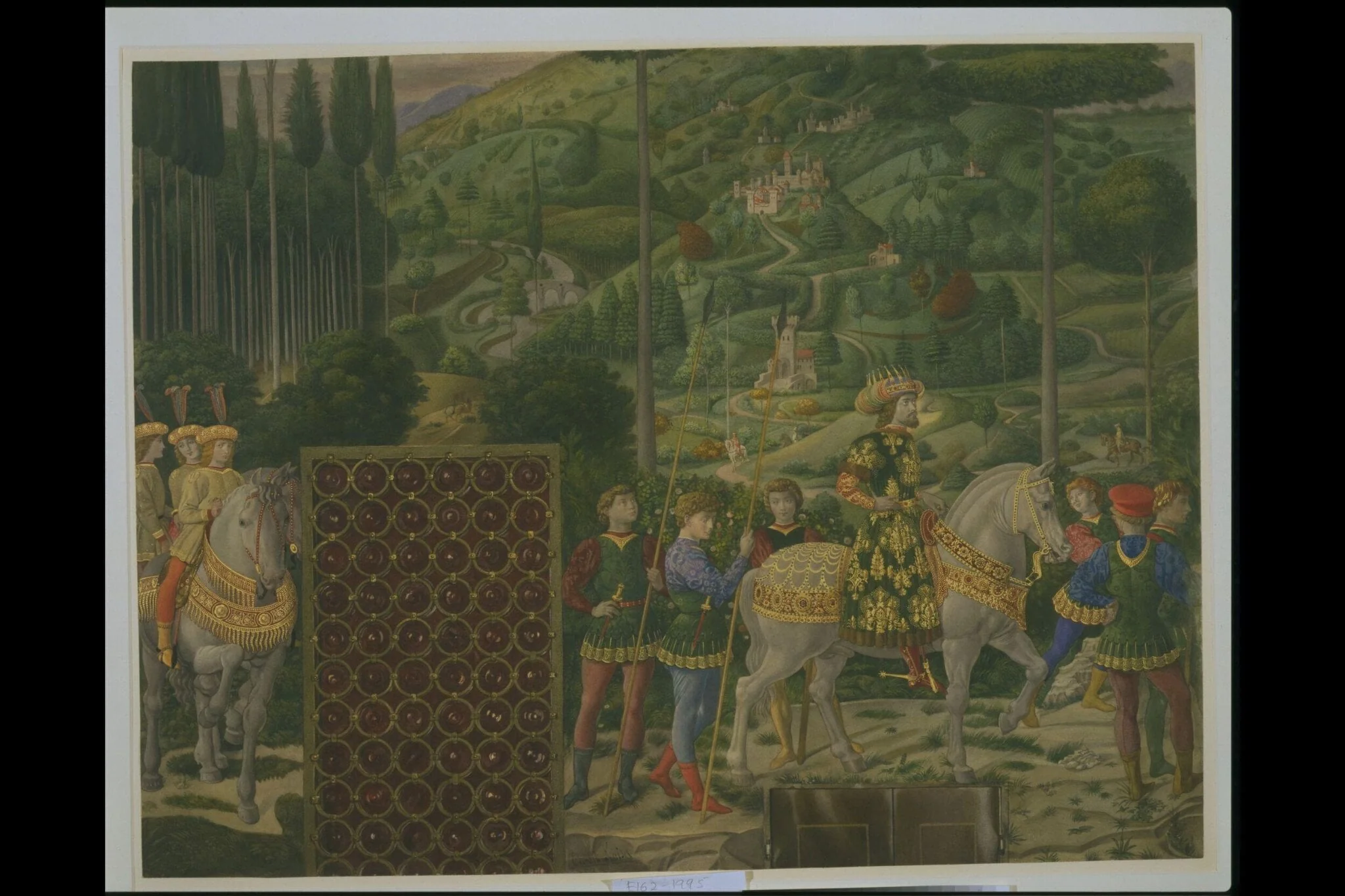 Copy after the fresco <i>The Procession of the Kings</i> (wall with the <i>Procession of the Middle King, Balthasar</i>), Benozzo Gozzoli in the Palazzo Medici-Riccardi Chapel, Florence, by Benozzo Gozzoli, watercolor, 1881