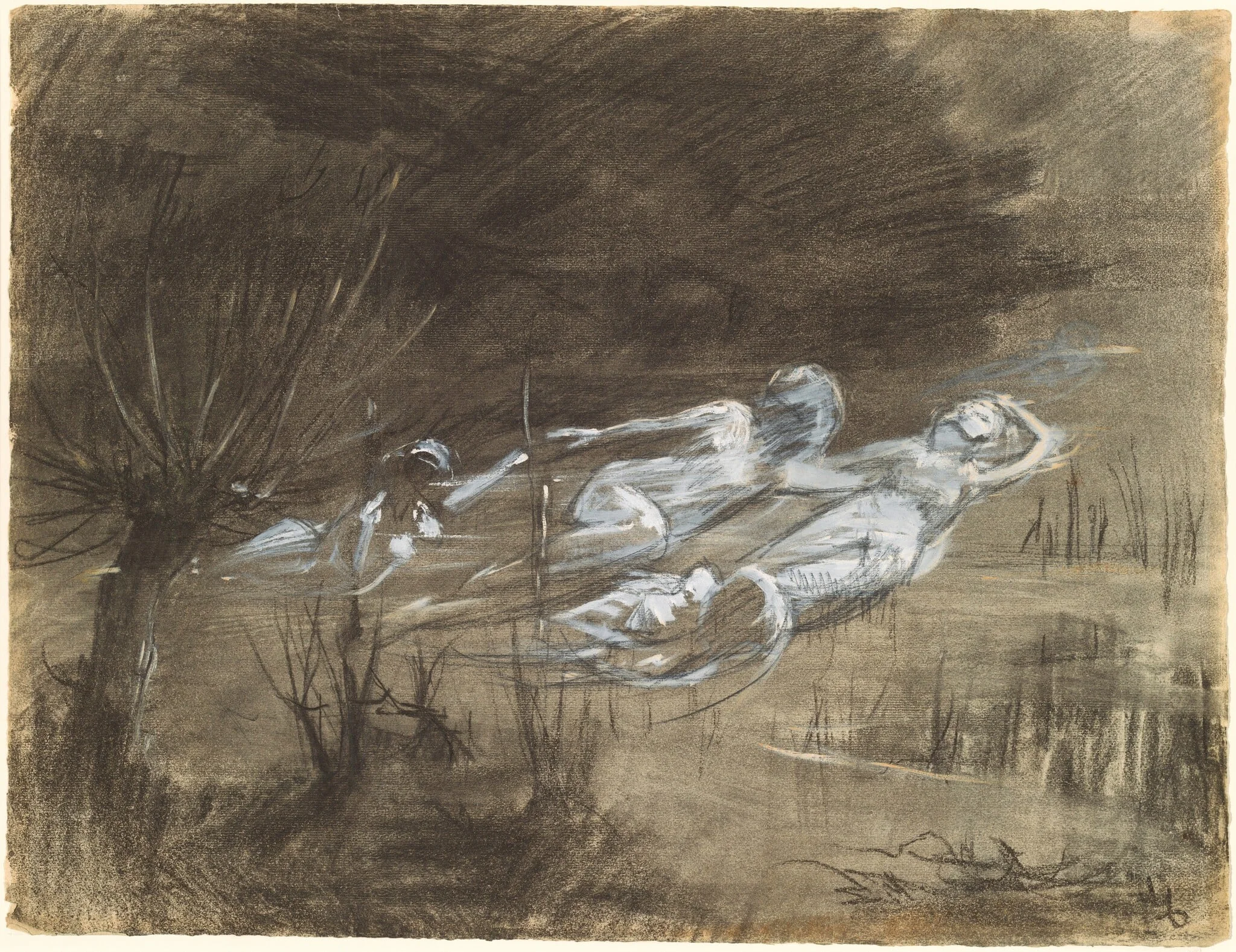 Woman Floating in a River Attended by Two Female Spirits, by Frederick Trapp Friis, charcoal, 1895
