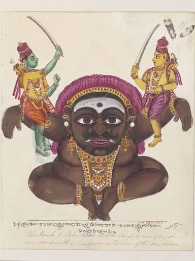 The rakshasa Kabandha supporting Rama and Lakshmana on his arms.