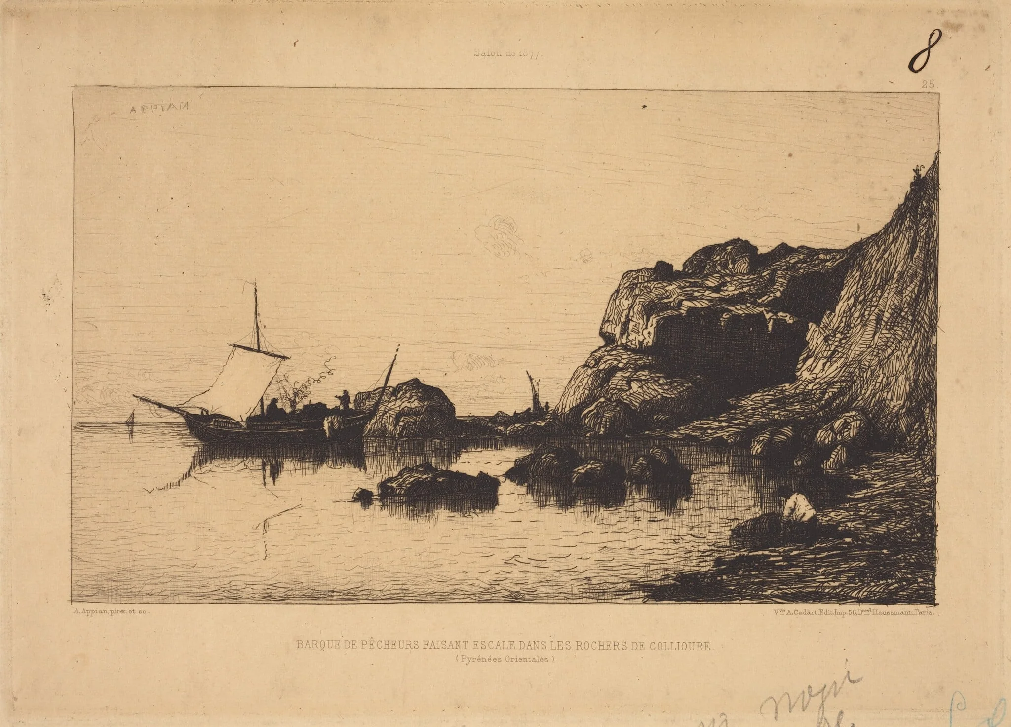 Barque de pecheurs faisant escale dans les rochers de Collioure