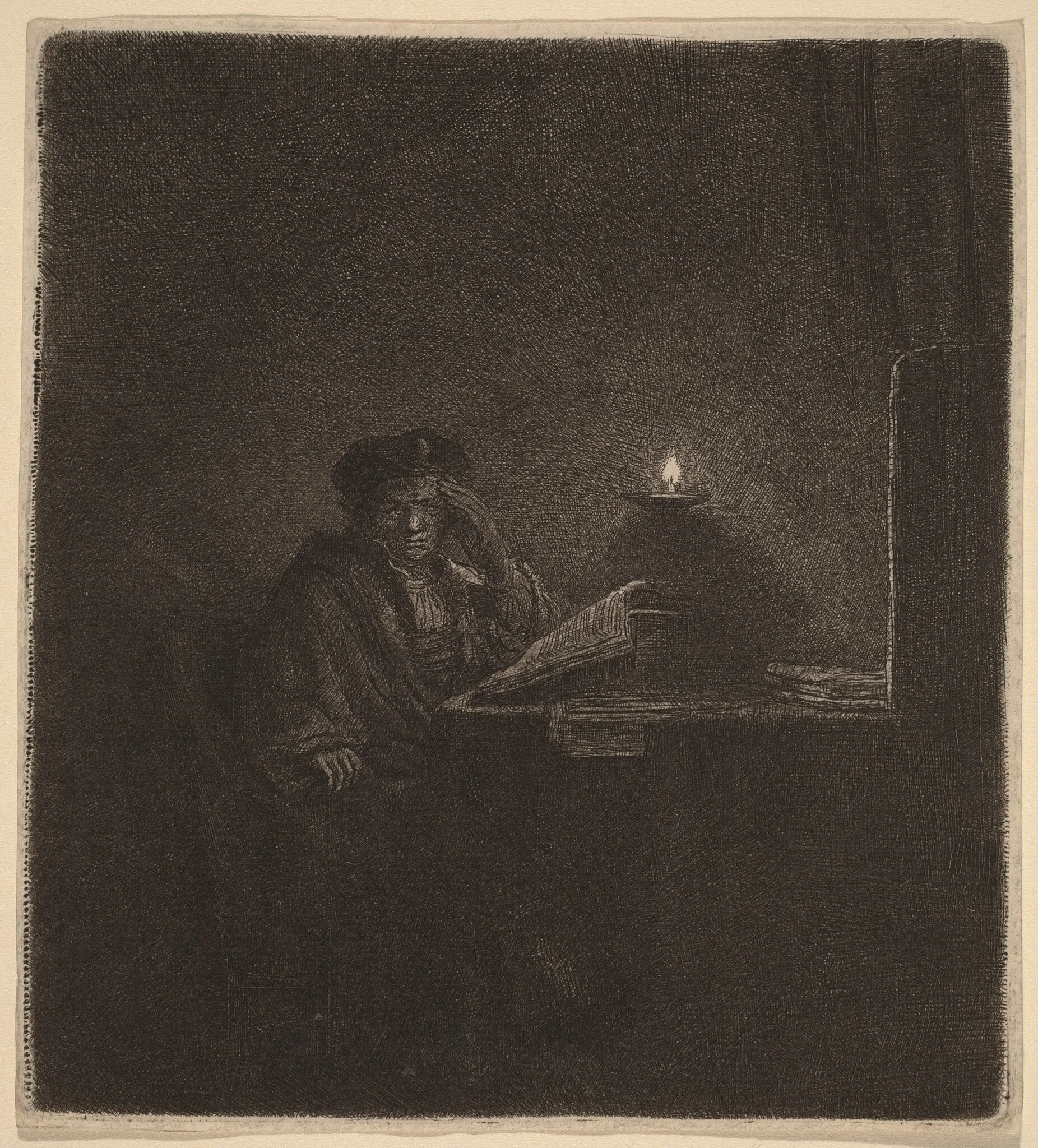 Student at a Table by Candlelight, by Rembrandt, ink, 1642