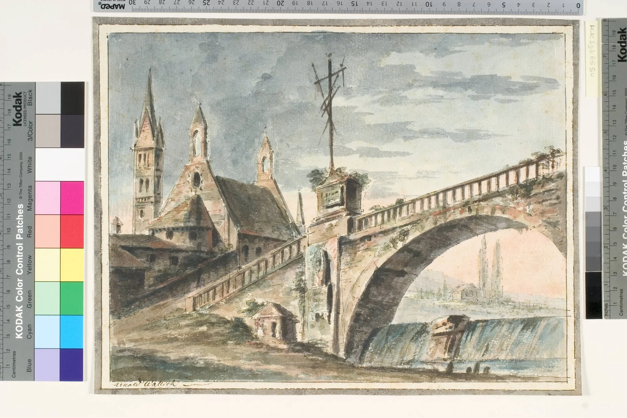 Kirke og bro, by Unknown, unspecified, 1750