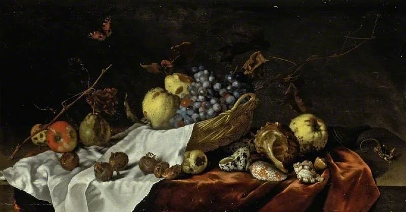 Wicker basket with fruit, medlars and shells, by Balthasar van der Ast, oil
