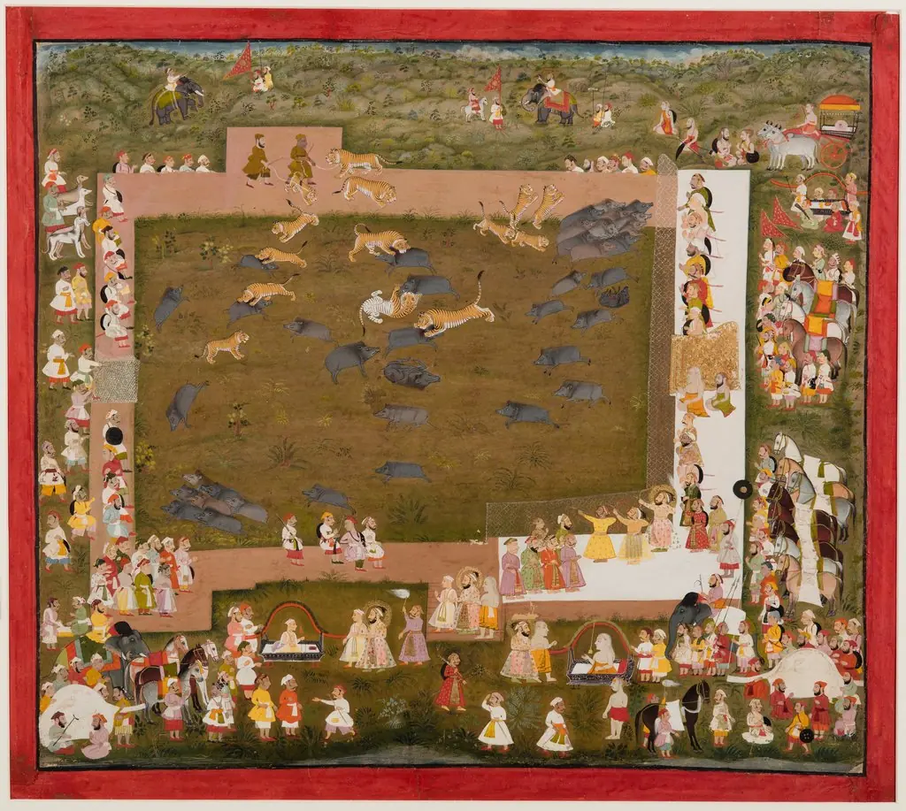 Maharana Sangram Singh II of Mewar (r. 1710–34) and Stages a Boar Hunt with Tigers at Sadri