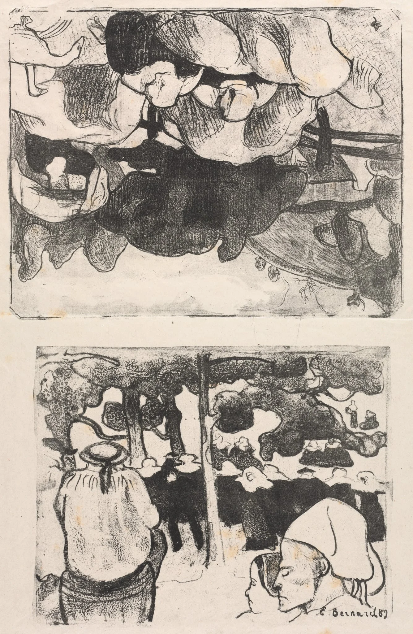 Les Bretonneries: Breton Women Making Haystacks (Bretonnes Faisant les Foins) and Wedding in Brittany (La Noce en Bretange), by Émile Bernard, 1889
