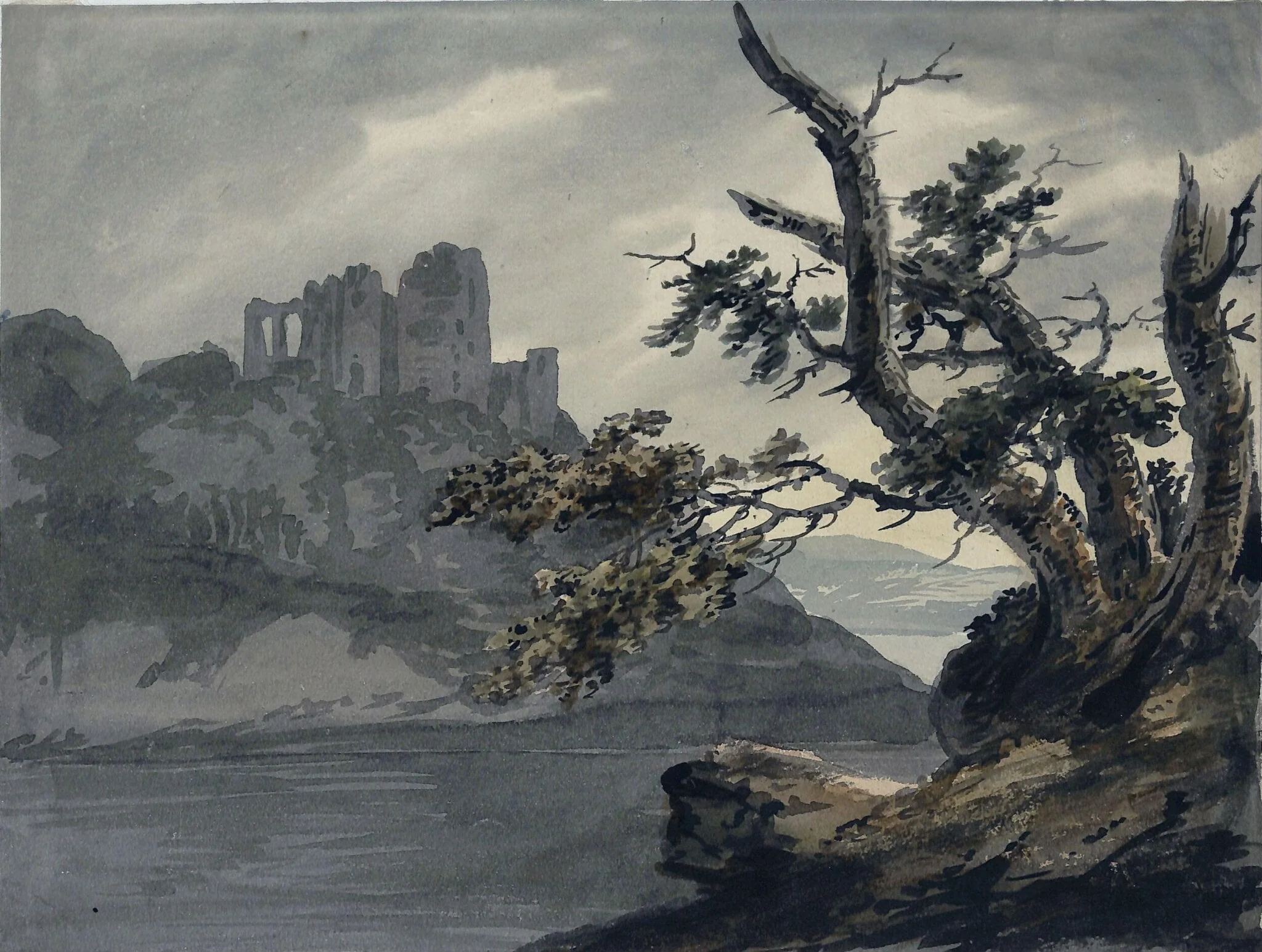 Ruined Castle near a River, by Joseph Barber, watercolor, 1780