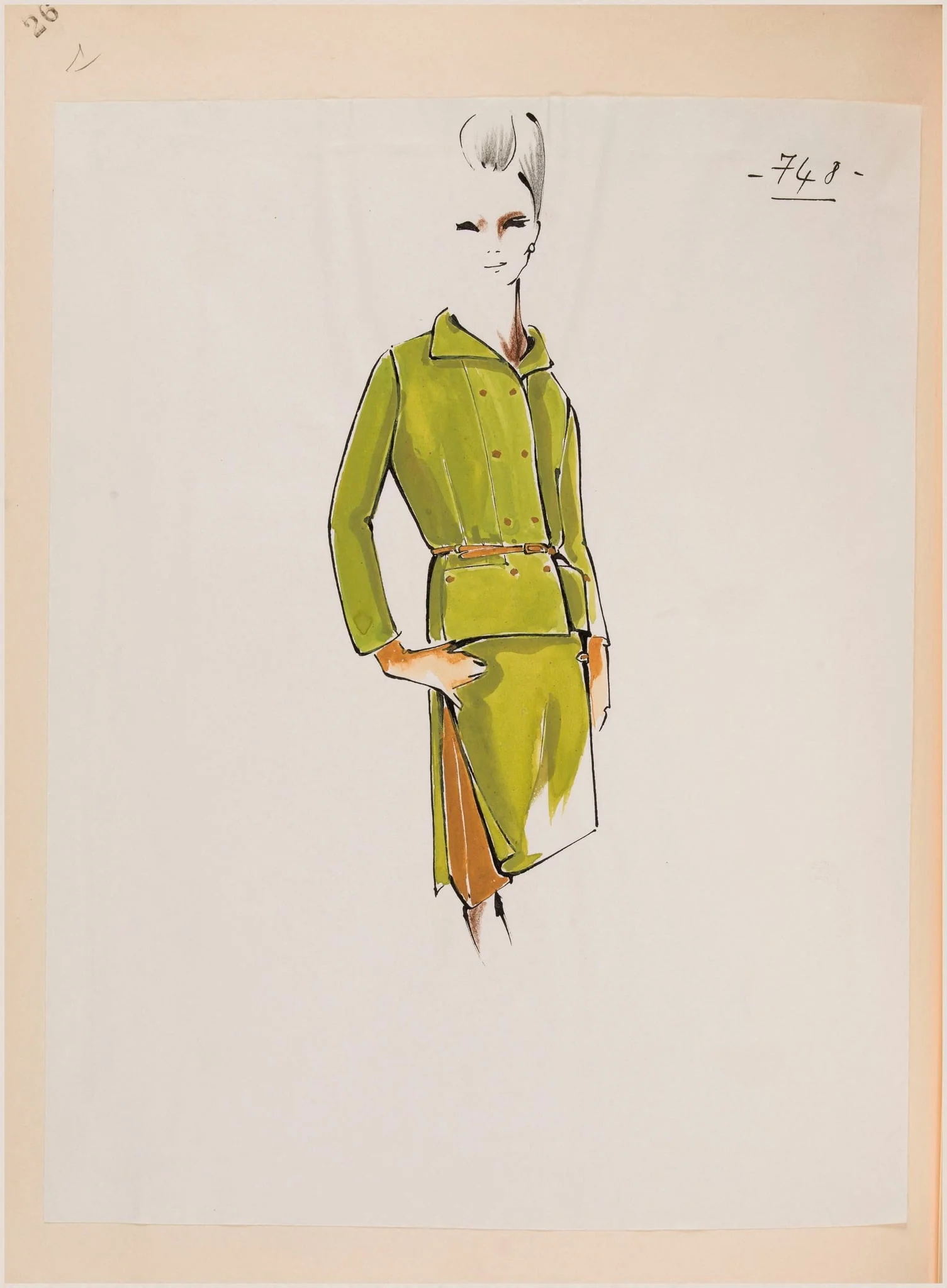 Tailleur vert et marron avec veste à fine ceinture et boutonnage, by Carven, 1965
