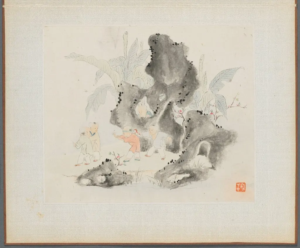 Album of Landscape Paintings Illustrating Old Poems: Children Playing Blindman's Buff in a Garden