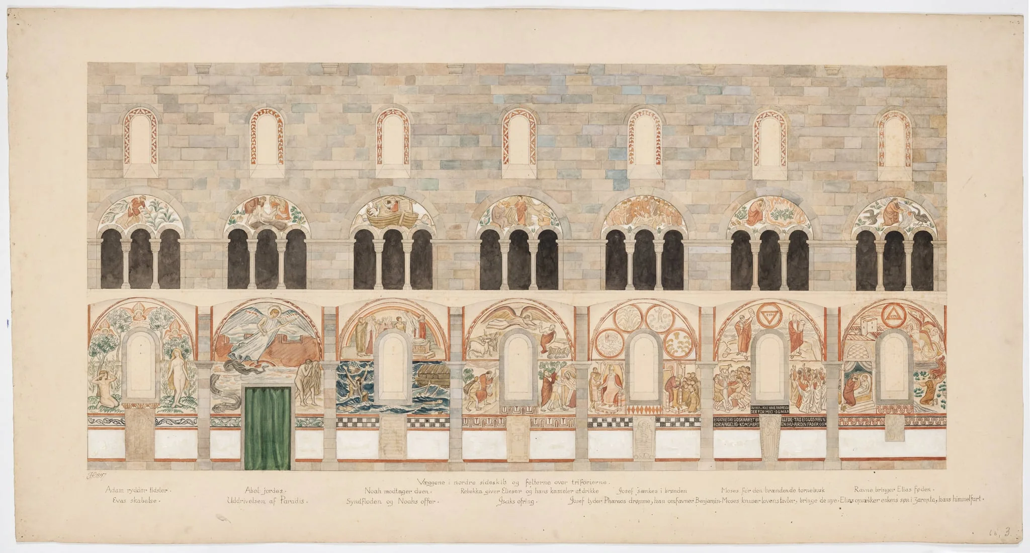 Udkast til freskerne i Viborg Domkirke. Væggene. Nordre sideskib og felterne over Triforierne, by Unknown, unspecified, 1897