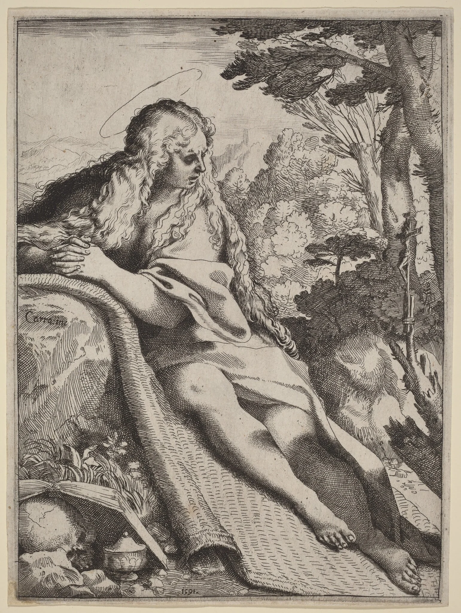 Mary Magdalene in the Wilderness, by Annibale Carracci, ink, 1591