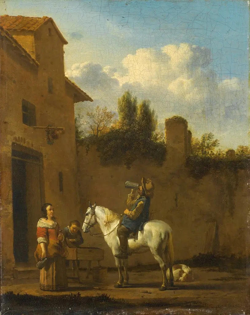 Mounted trumpeter taking a drink