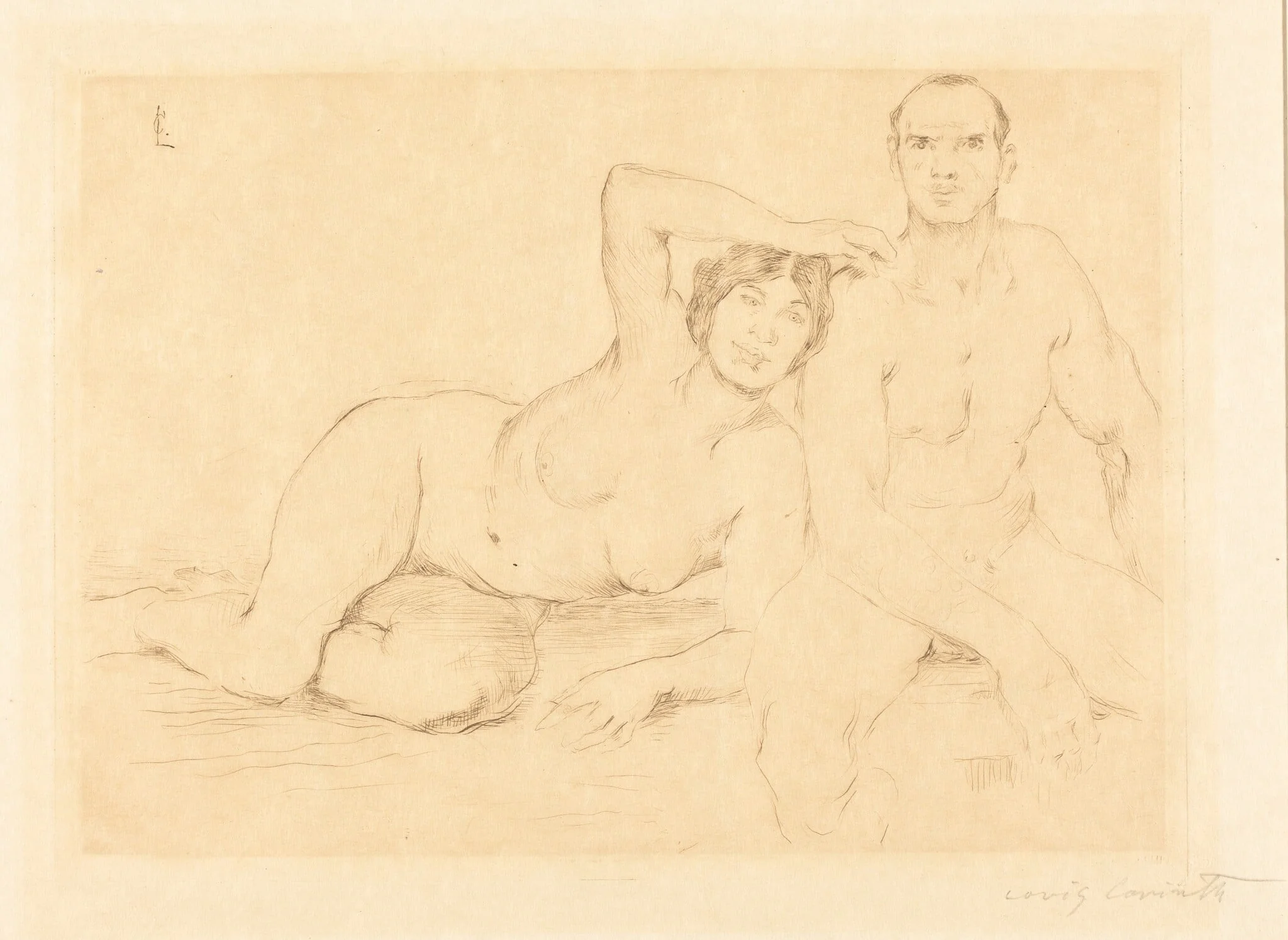 Zwei Menschen (Two Nudes), by Lovis Corinth, ink, 1908