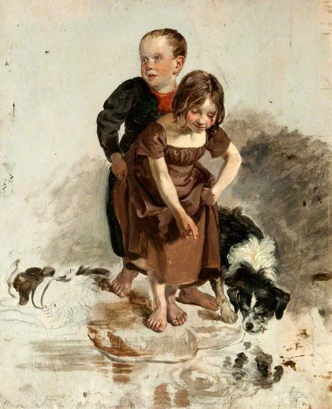 A Boy and a Girl with a Collie Dog Standing by a Stream (study for 'The Covenanters' Baptism'), by George Harvey, unspecified, 1830