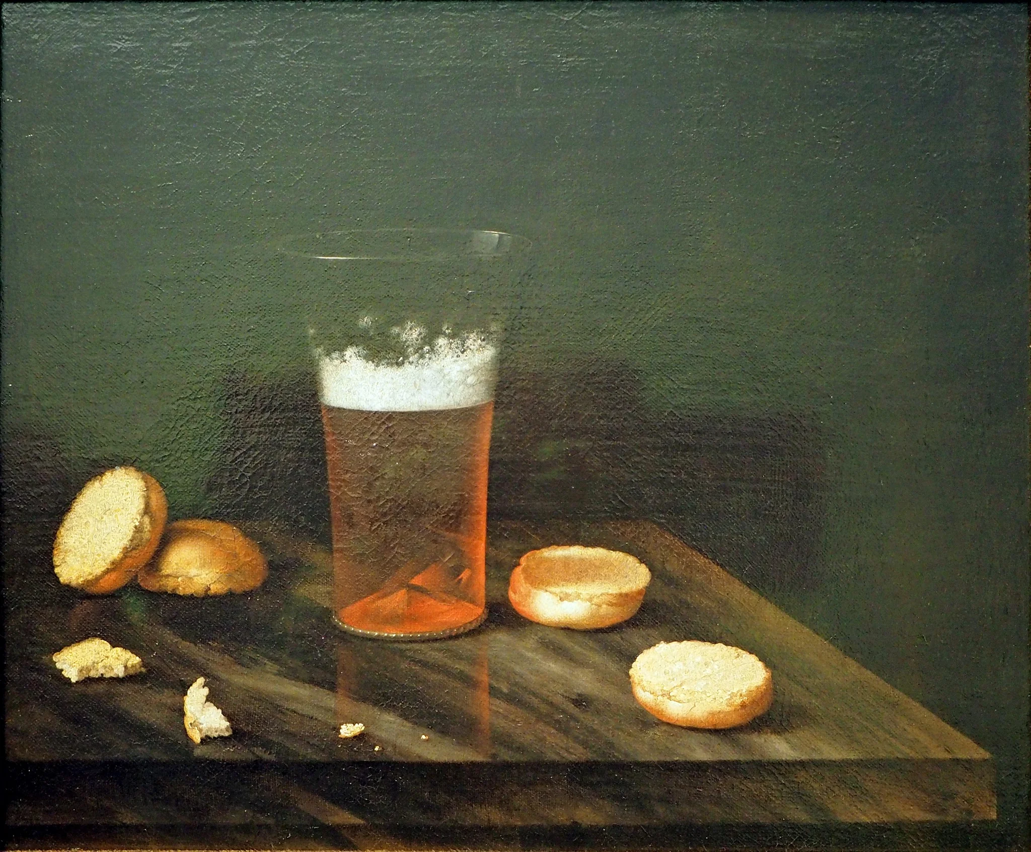 Still Life with Beer Glass and Bread Rolls, by Georg Hainz, oil, 1665
