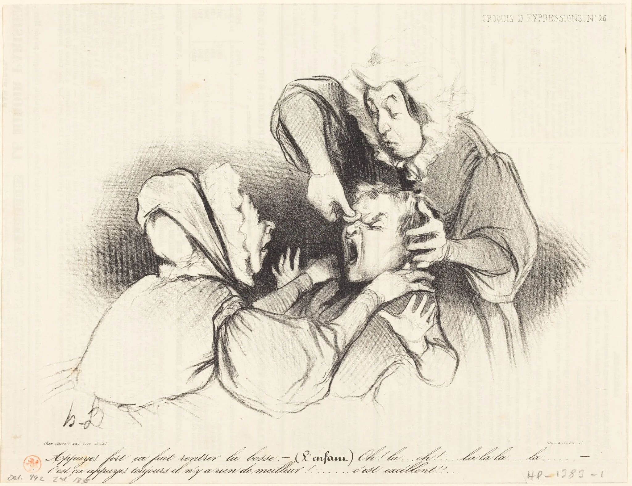Appuyez fort, ça fait rentrer la bosse..., by Honoré Daumier, ink, 1838
