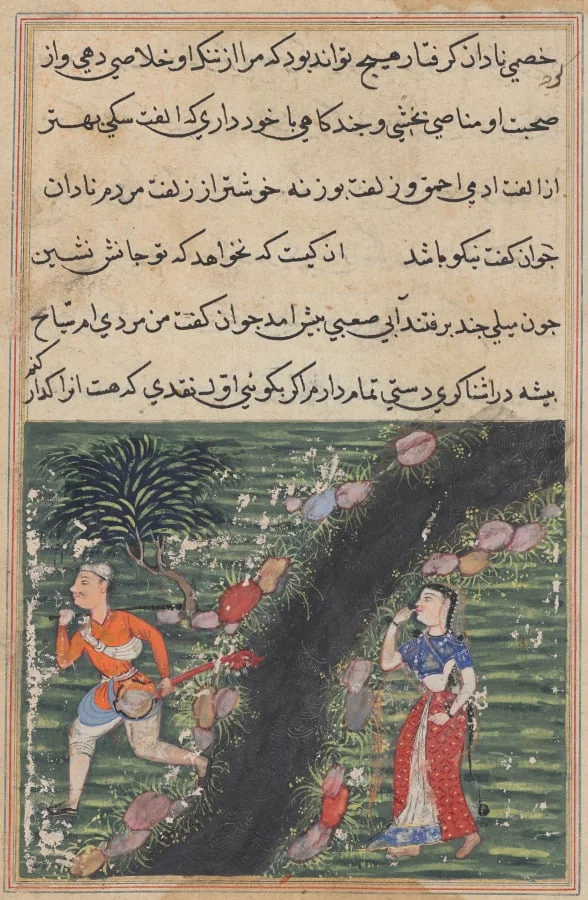 The vagabond crosses a stream with the possessions of the daughter-in-law of the king of Banaras and absconds, from a Tuti-nama (Tales of a Parrot): Sixteenth Night, by Unknown, unspecified, 1560