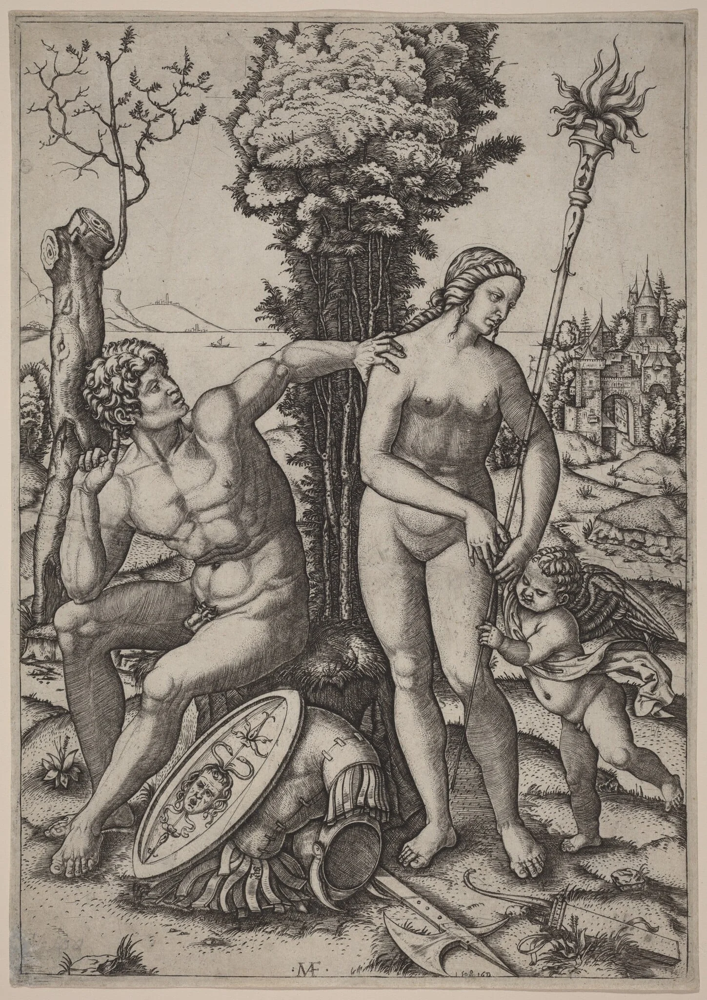 Mars, Venus, and Eros, by Marcantonio Raimondi, ink, 1508
