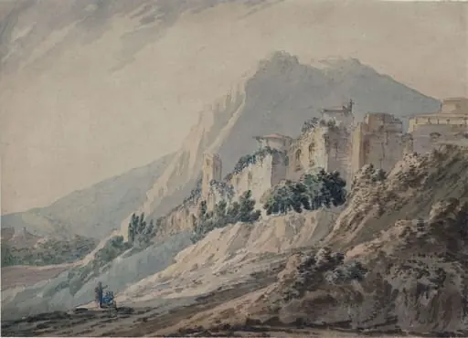 Mountainous landscape with ruined building