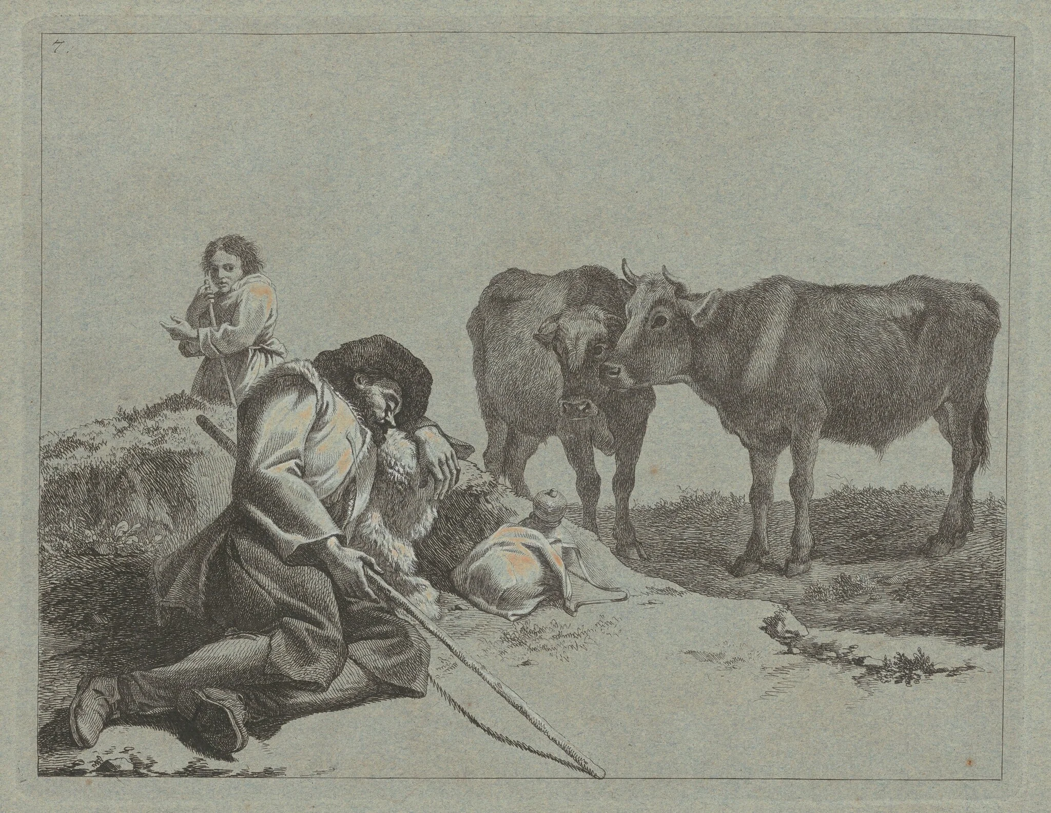 Sleeping Shepherd, Two Calves, and a Peasant Woman, by Francesco Londonio, ink, 1762