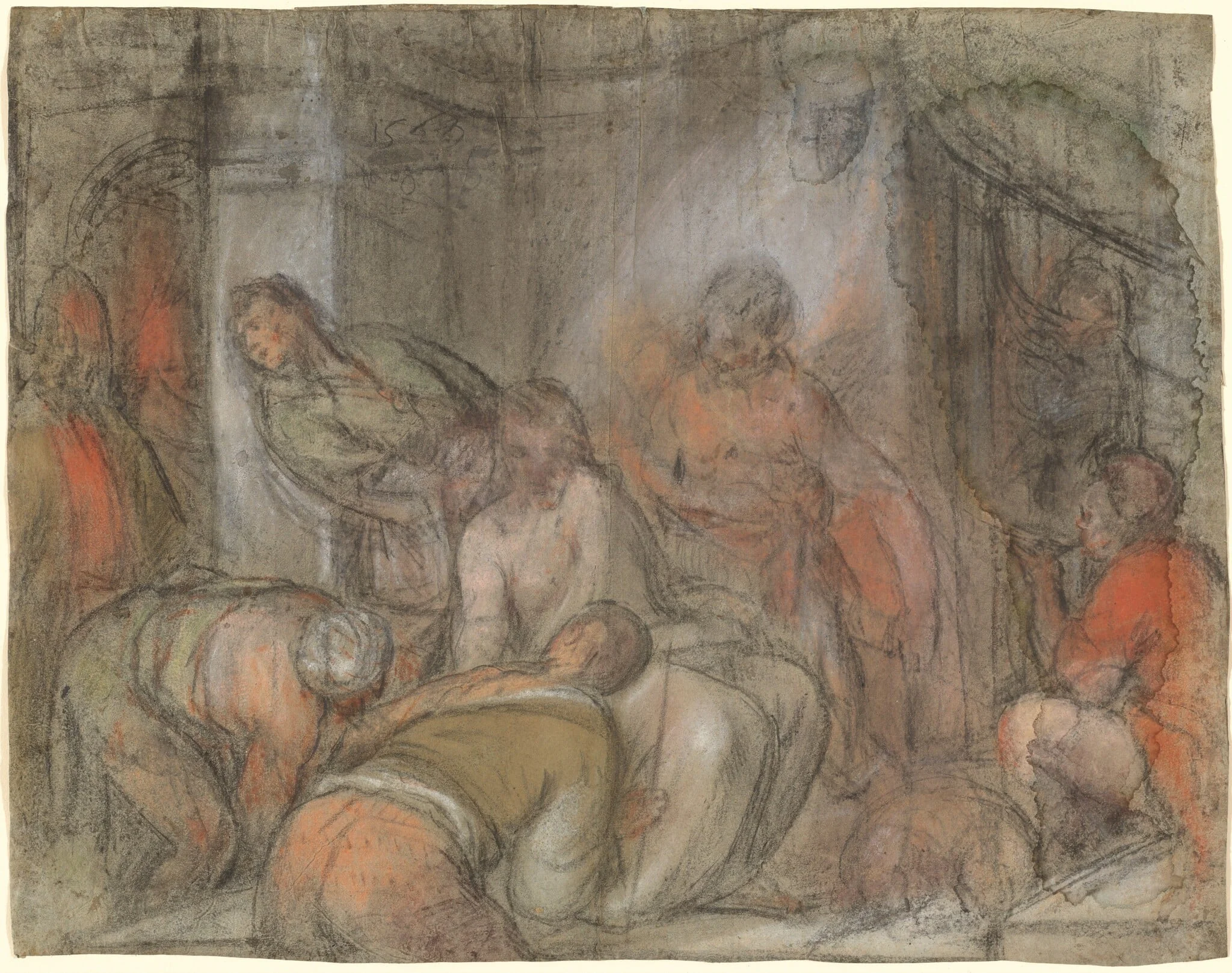The Mocking of Christ, by Jacopo Bassano, chalk, 1568