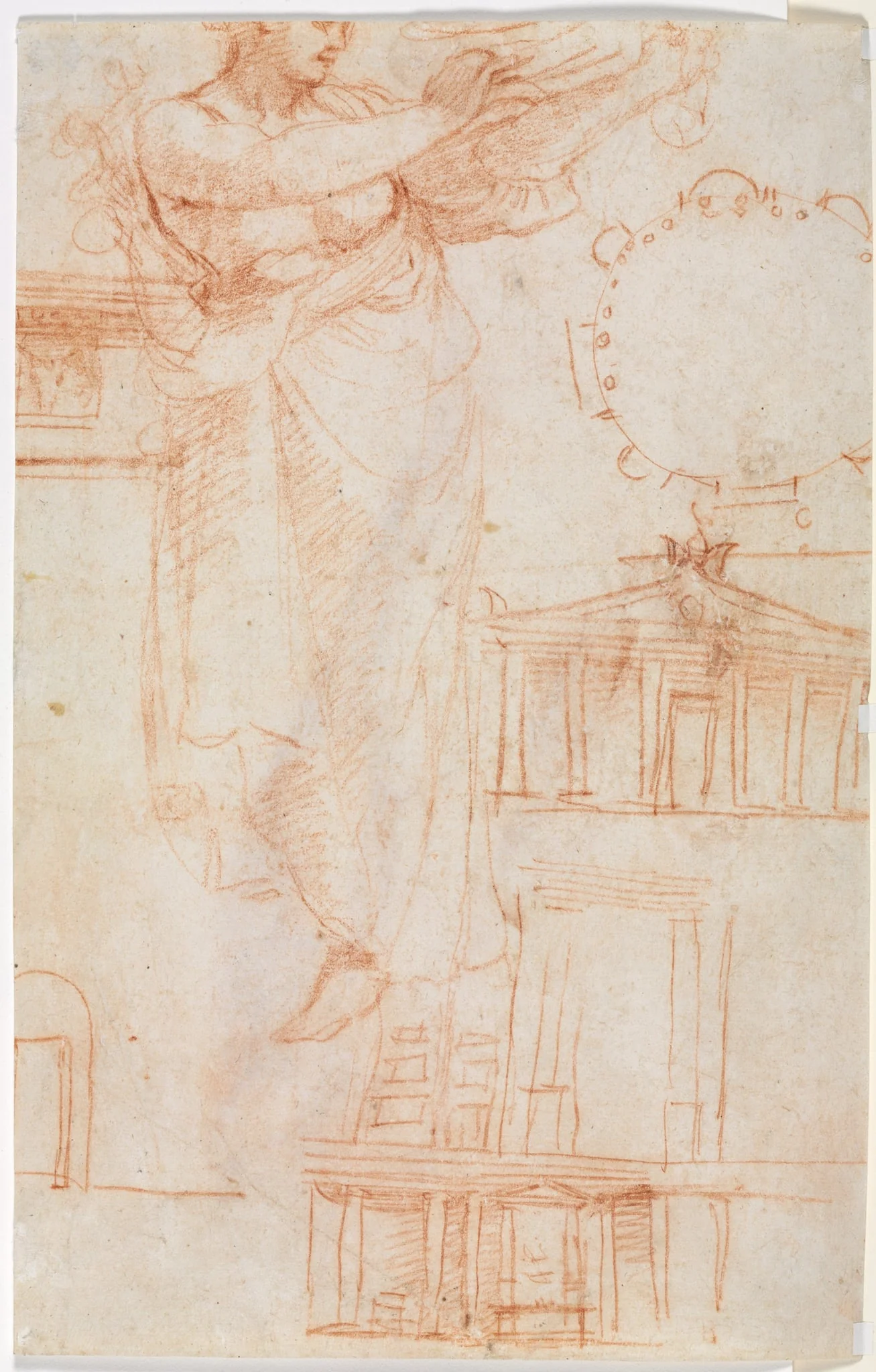 A Draped Female Figure (possibly an Amazon) and Architectural Studies (verso), by Correggio, 1525