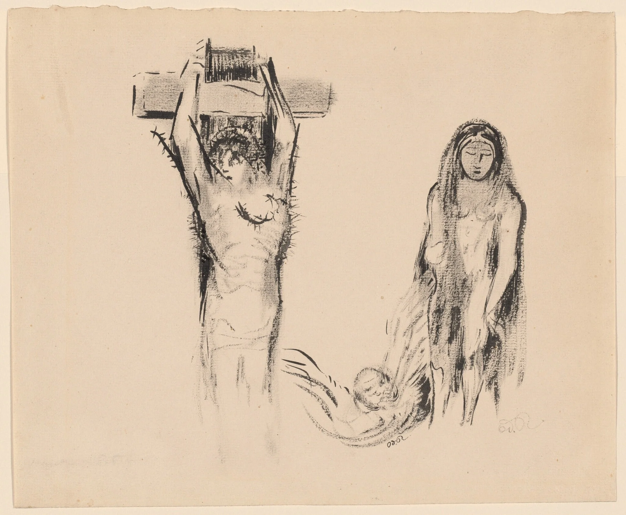 Saint Anthony and the Two Temptresses (Saint Antoine et deux Tentatrices), by Odilon Redon, ink, 1898