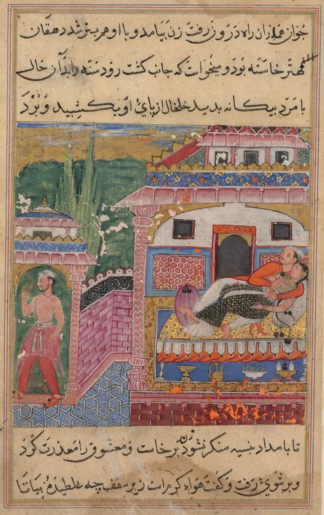 The deceitful wife persuades her husband to sleep in the same place where she had previously slept with her lover, from a Tuti-nama (Tales of a Parrot): Eighth Night