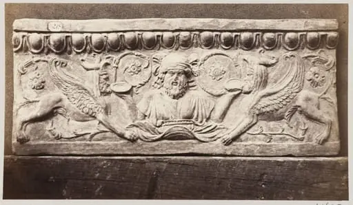 Bas-relief portion of frieze with the 'Libation of Asiatic Sphinx' in terra cotta