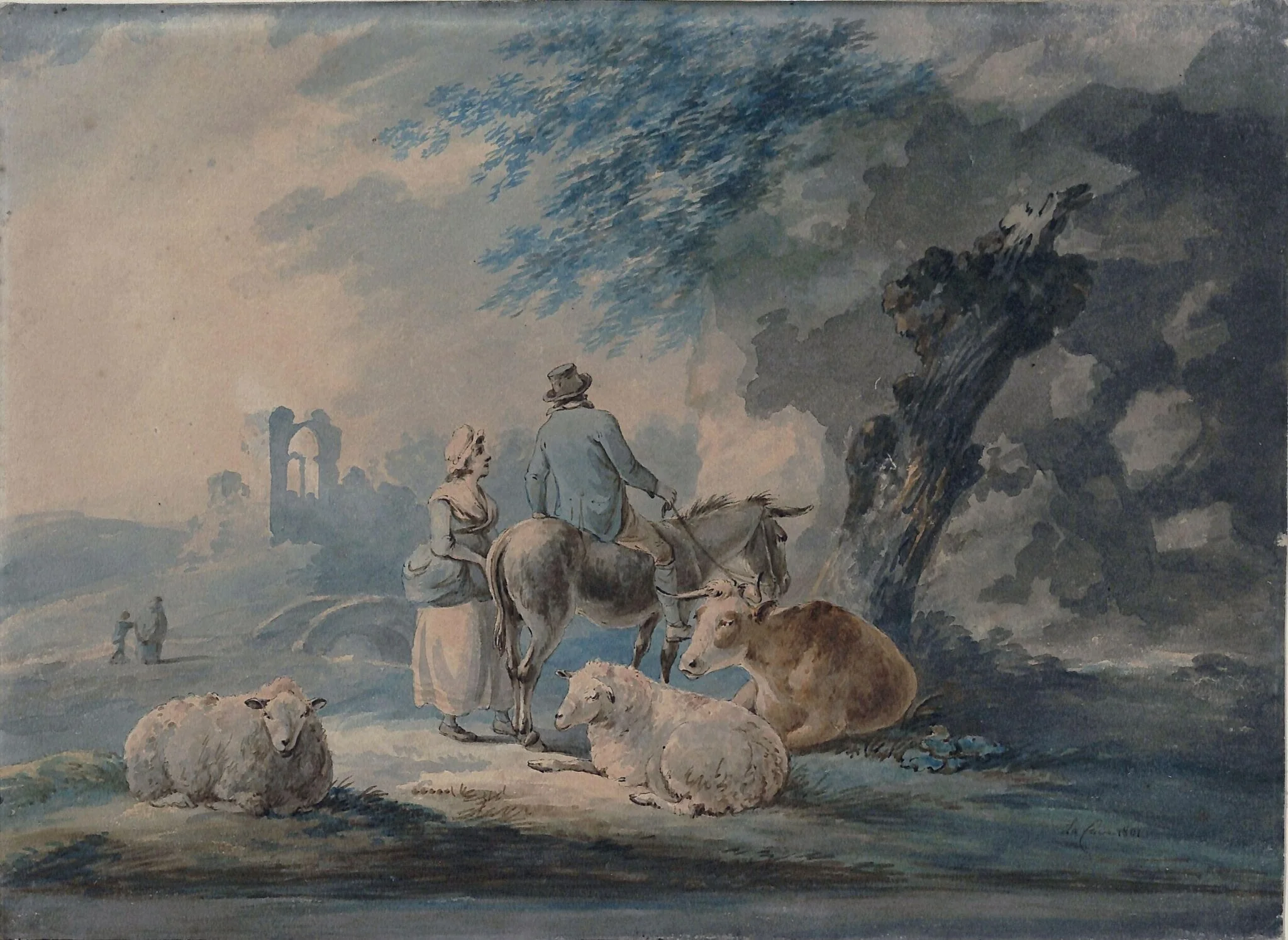 Landscape with figures, sheep, and a cow