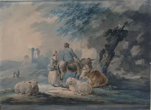Landscape with figures, sheep, and a cow