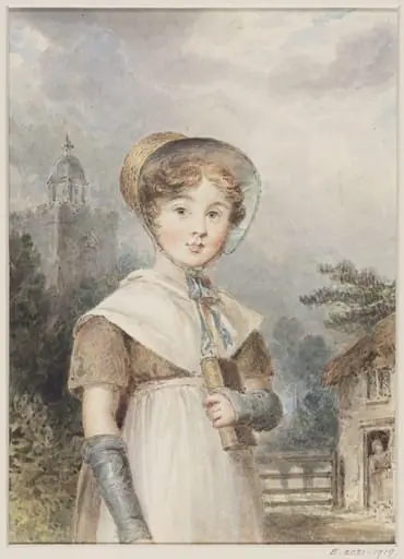 A little girl in Quaker costume, holding a Bible or prayer-book