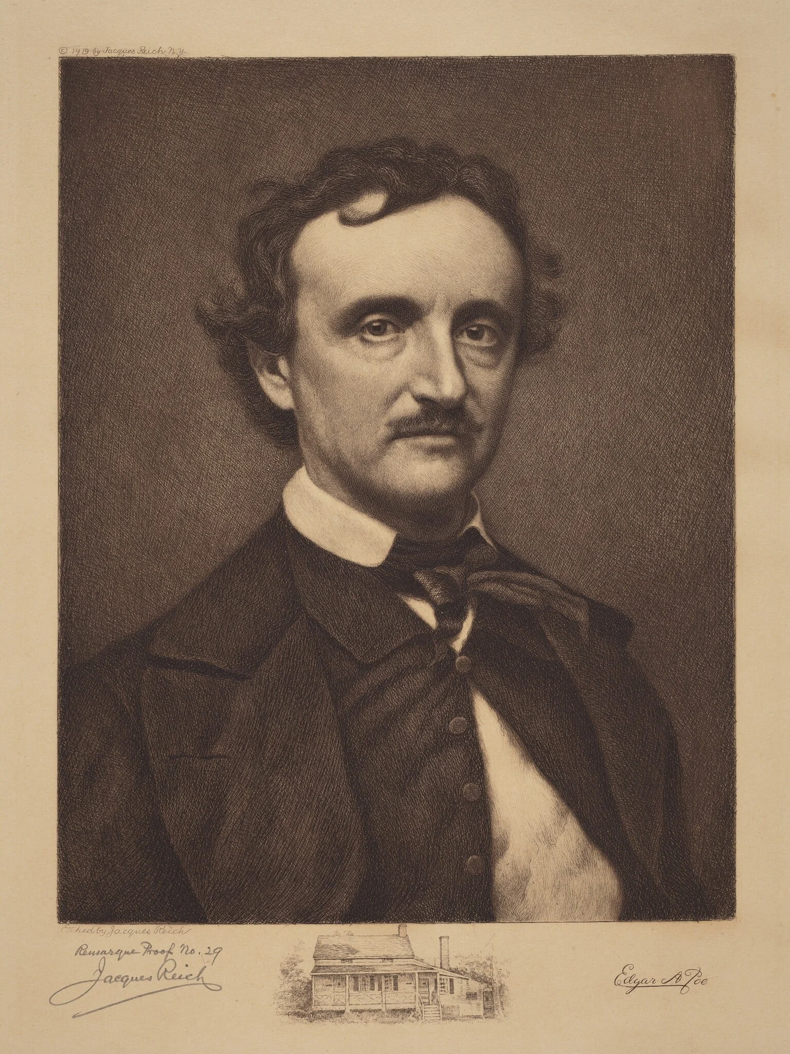 Edgar Allen Poe, by Jacques Reich, ink, 1888